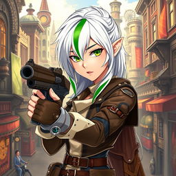A half-high elf woman with striking white hair featuring a bold green stripe running through it