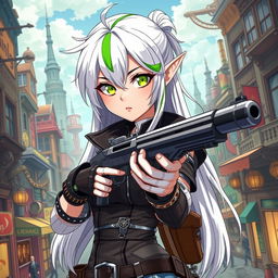 A half-high elf woman with striking white hair featuring a bold green stripe running through it
