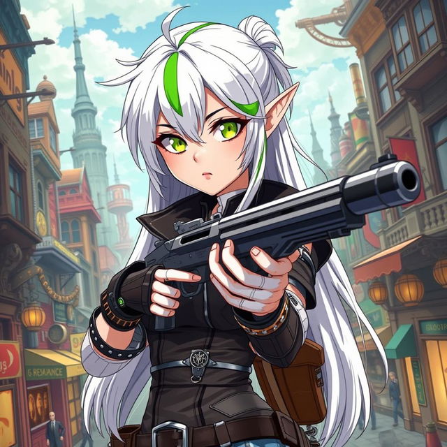 A half-high elf woman with striking white hair featuring a bold green stripe running through it