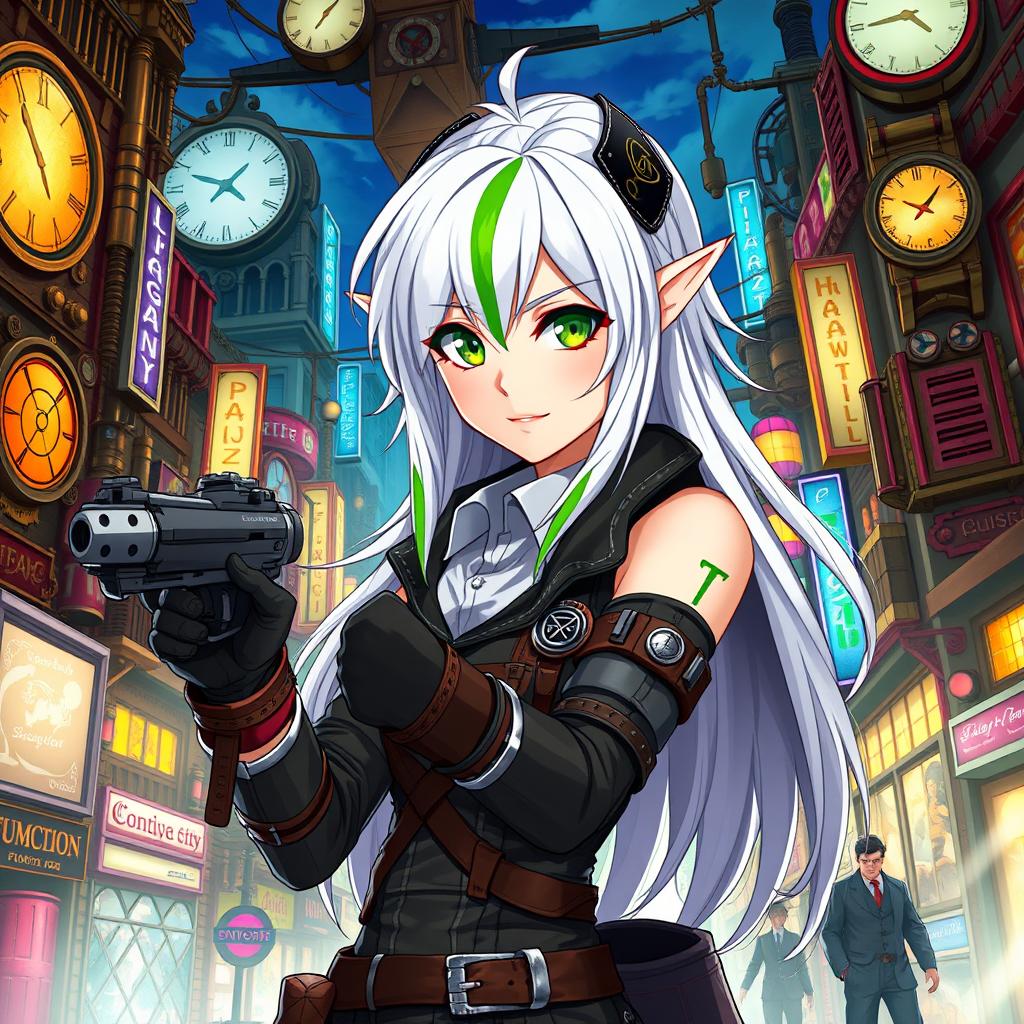 A half-high elf woman with striking white hair featuring a bold green stripe running through it