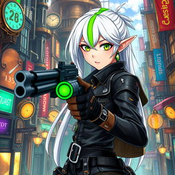 A half-high elf woman with striking white hair featuring a bold green stripe running through it