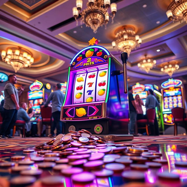 A vibrant and colorful slot machine in a casino setting, adorned with shining lights and various fruit symbols like cherries, lemons, and oranges