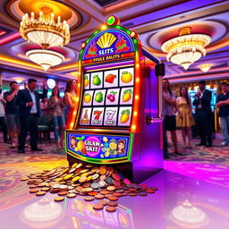 A vibrant and colorful slot machine in a casino setting, adorned with shining lights and various fruit symbols like cherries, lemons, and oranges