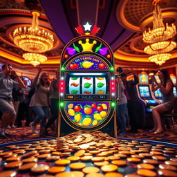 A vibrant and colorful slot machine in a casino setting, adorned with shining lights and various fruit symbols like cherries, lemons, and oranges
