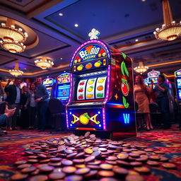 A vibrant and colorful slot machine in a casino setting, adorned with shining lights and various fruit symbols like cherries, lemons, and oranges
