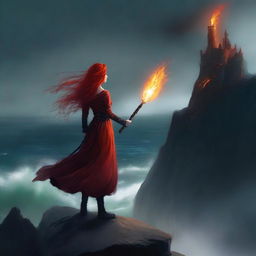 A captivating digital art image portrays a new protagonist, a young woman with fiery red hair, standing at the edge of a cliff overlooking a tumultuous sea