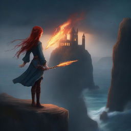 A captivating digital art image portrays a new protagonist, a young woman with fiery red hair, standing at the edge of a cliff overlooking a tumultuous sea