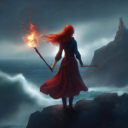 A captivating digital art image portrays a new protagonist, a young woman with fiery red hair, standing at the edge of a cliff overlooking a tumultuous sea