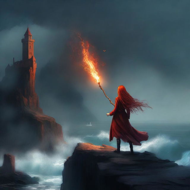 A captivating digital art image portrays a new protagonist, a young woman with fiery red hair, standing at the edge of a cliff overlooking a tumultuous sea