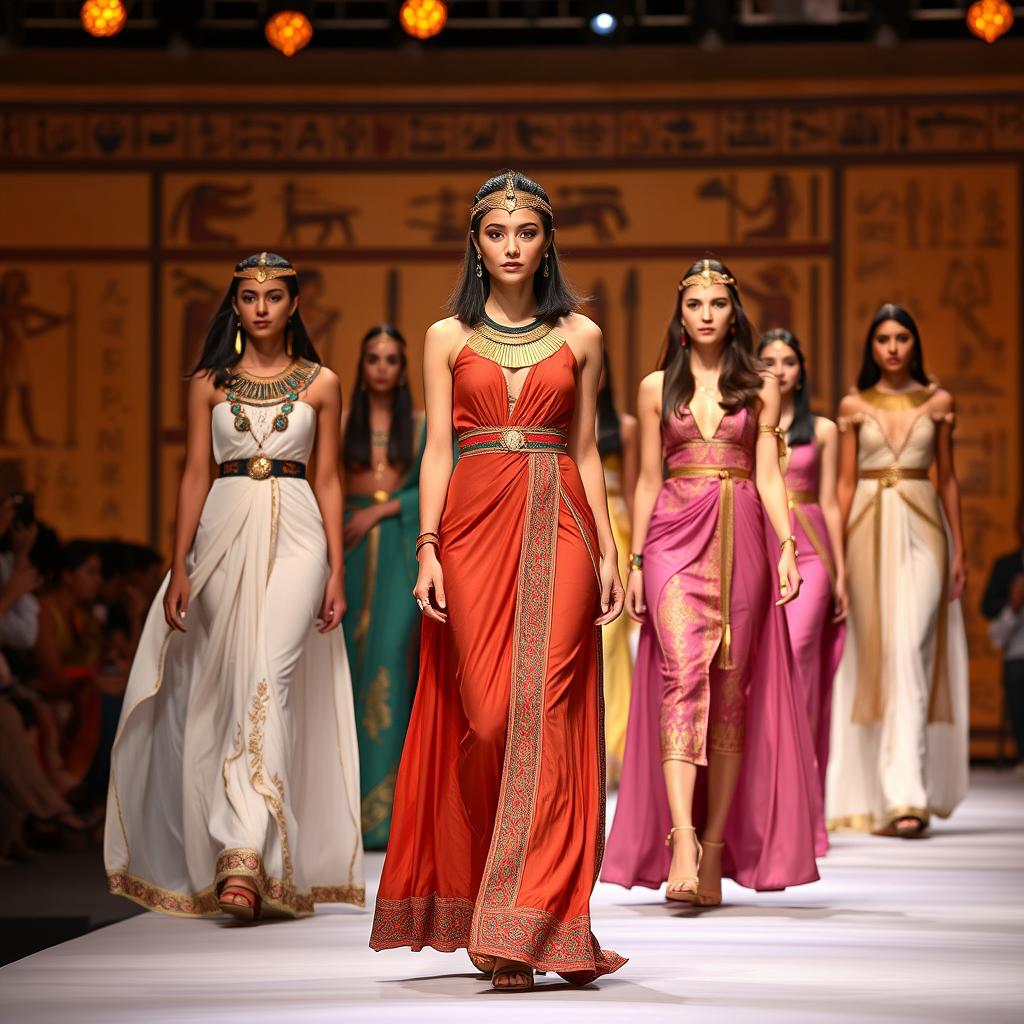 A fashion show featuring women in contemporary interpretations of traditional Egyptian dresses