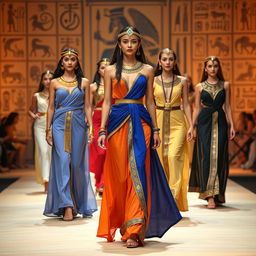 A fashion show featuring women in contemporary interpretations of traditional Egyptian dresses