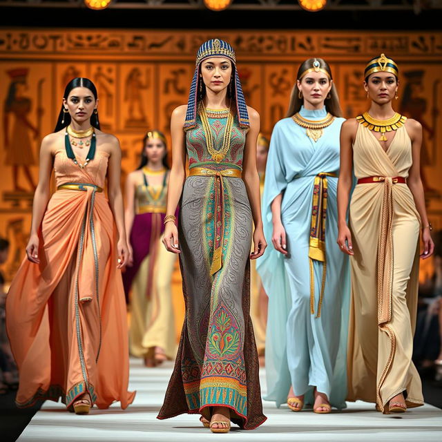 A fashion show featuring women in contemporary interpretations of traditional Egyptian dresses