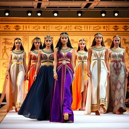 A fashion show featuring women in contemporary interpretations of traditional Egyptian dresses