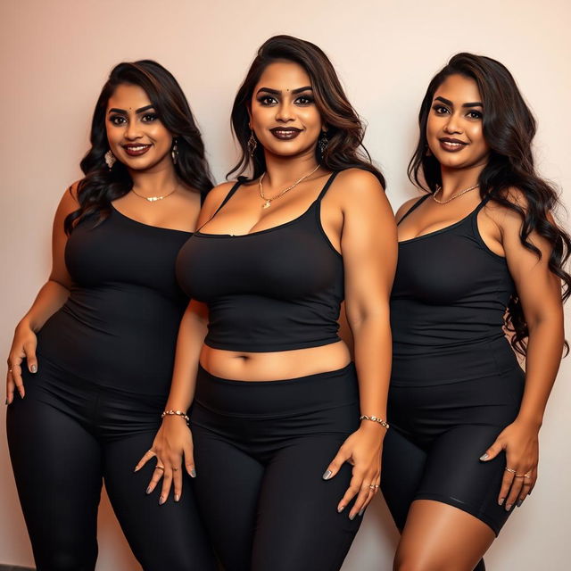 Three enticing desi women command attention with their voluptuous beauty, each showcasing an hourglass figure and wide hips