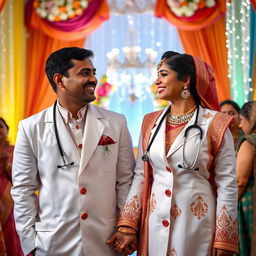 An Indian doctor couple in a traditional wedding ceremony, both wearing elegant white coats over their wedding attire, adorned with intricate traditional patterns