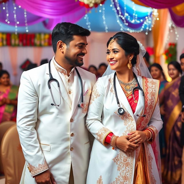 An Indian doctor couple in a traditional wedding ceremony, both wearing elegant white coats over their wedding attire, adorned with intricate traditional patterns