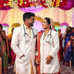 An Indian doctor couple in a traditional wedding ceremony, both wearing elegant white coats over their wedding attire, adorned with intricate traditional patterns