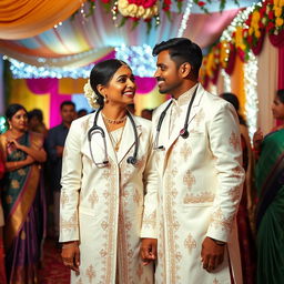 An Indian doctor couple in a traditional wedding ceremony, both wearing elegant white coats over their wedding attire, adorned with intricate traditional patterns