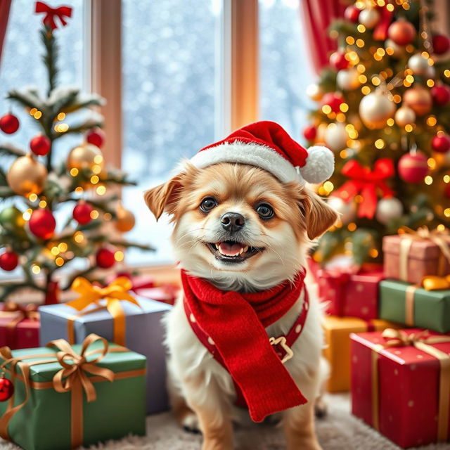 A cute, small dog dressed in a festive Christmas outfit, surrounded by colorful decorations