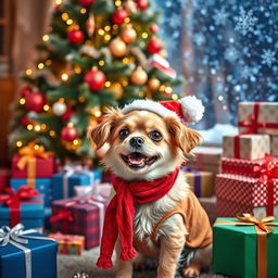 A cute, small dog dressed in a festive Christmas outfit, surrounded by colorful decorations