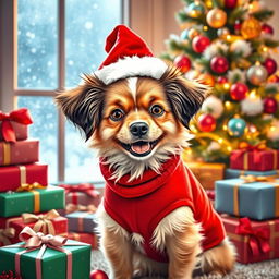 A cute, small dog dressed in a festive Christmas outfit, surrounded by colorful decorations