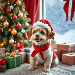 A cute, small dog dressed in a festive Christmas outfit, surrounded by colorful decorations