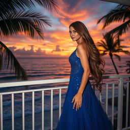 A beautiful young woman with long, flowing brown hair, wearing an elegant blue evening gown, standing confidently on a balcony that overlooks a stunning sunset over the ocean