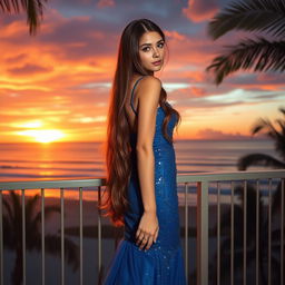 A beautiful young woman with long, flowing brown hair, wearing an elegant blue evening gown, standing confidently on a balcony that overlooks a stunning sunset over the ocean
