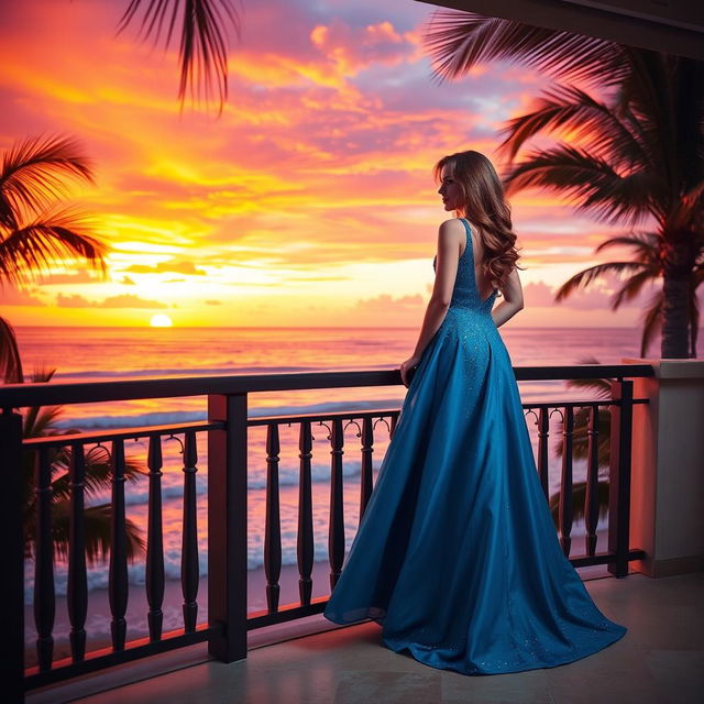 A beautiful young woman with long, flowing brown hair, wearing an elegant blue evening gown, standing confidently on a balcony that overlooks a stunning sunset over the ocean