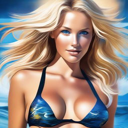 A sophisticated digital art piece featuring a stunning blonde woman in a blue and black bikini