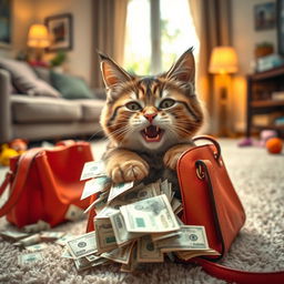 A mischievous cat stealthily stealing money from a handbag