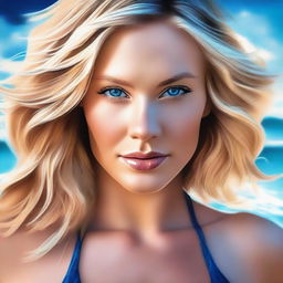 A sophisticated digital art piece featuring a stunning blonde woman in a blue and black bikini