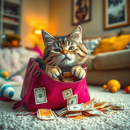 A mischievous cat stealthily stealing money from a handbag