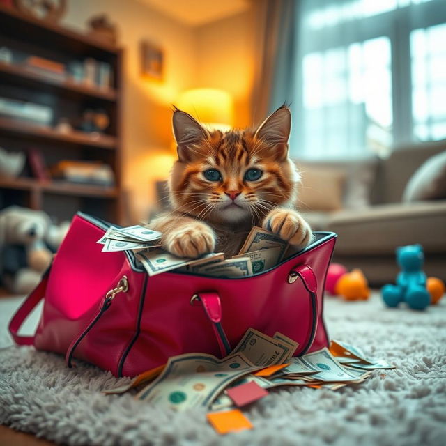 A mischievous cat stealthily stealing money from a handbag