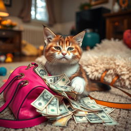 A mischievous cat stealthily stealing money from a handbag