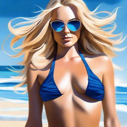 A sophisticated digital art piece featuring a stunning blonde woman in a blue and black bikini