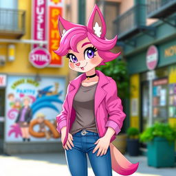 An anthropomorphic animal girl with vibrant pink hair styled in a playful manner, wearing a stylish pink jacket over a comfortable grey top