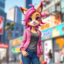 An anthropomorphic animal girl with vibrant pink hair styled in a playful manner, wearing a stylish pink jacket over a comfortable grey top