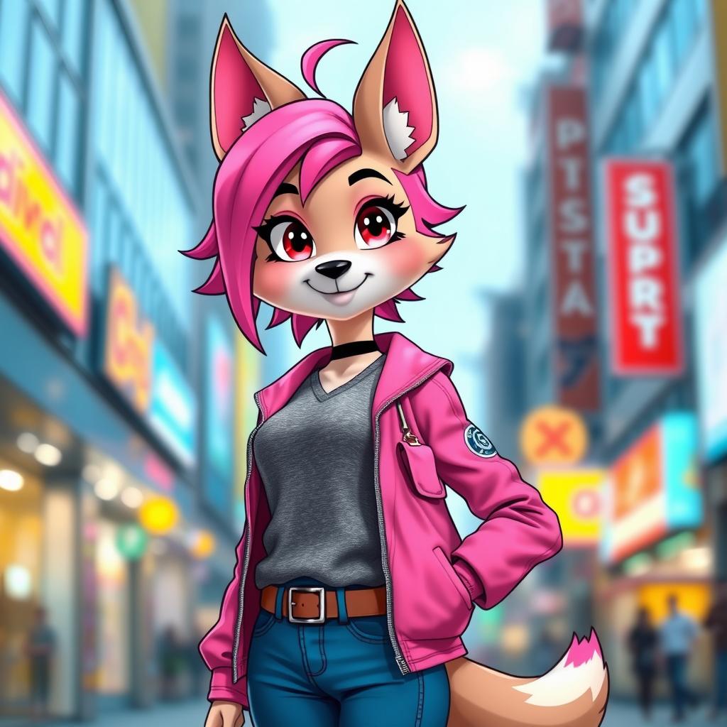 An anthropomorphic animal girl with vibrant pink hair styled in a playful manner, wearing a stylish pink jacket over a comfortable grey top