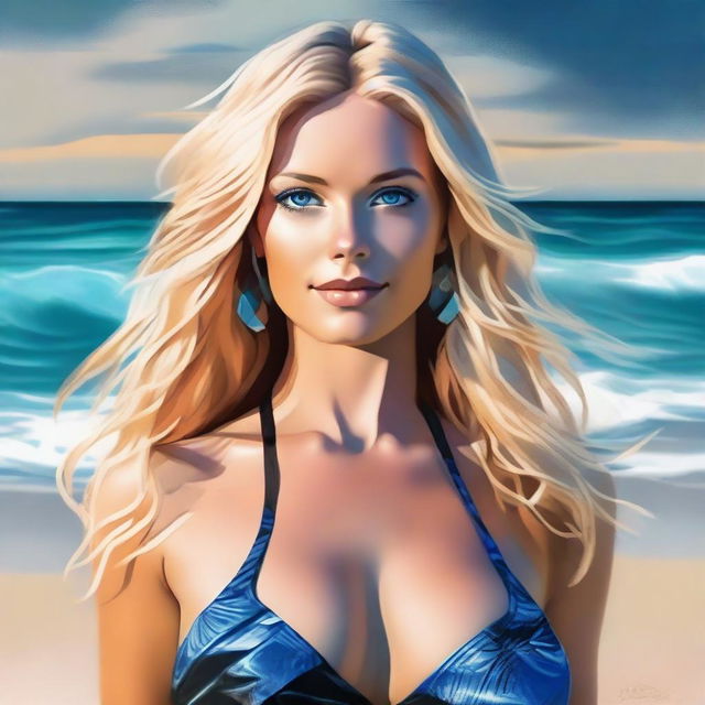 A sophisticated digital art piece featuring a stunning blonde woman in a blue and black bikini