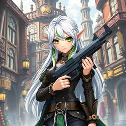 A half-high elf woman with striking white hair accented by a vibrant green stripe, and captivating lime-colored eyes
