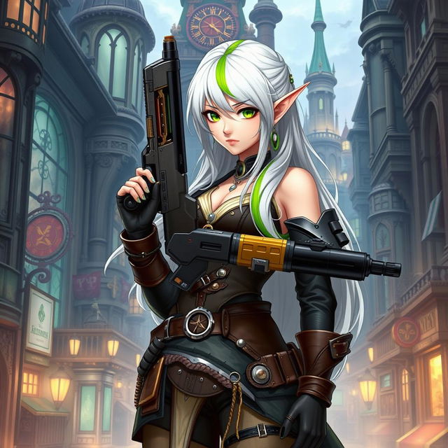 A half-high elf woman with striking white hair accented by a vibrant green stripe, and captivating lime-colored eyes