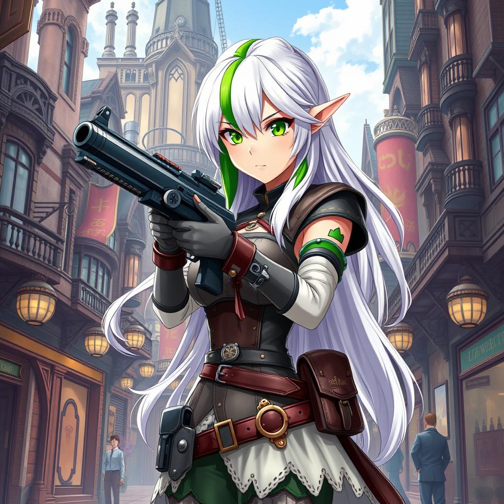 A half-high elf woman with striking white hair accented by a vibrant green stripe, and captivating lime-colored eyes