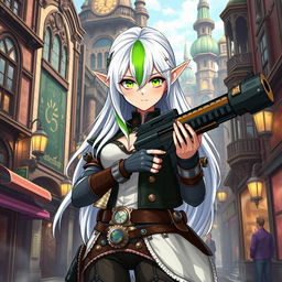 A half-high elf woman with striking white hair accented by a vibrant green stripe, and captivating lime-colored eyes