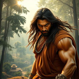 A vibrant and dynamic portrayal of a heroic figure inspired by Indian cinema, featuring a rugged, muscular man with long, flowing hair, wearing a traditional draped garment in rich earth tones