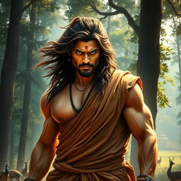 A vibrant and dynamic portrayal of a heroic figure inspired by Indian cinema, featuring a rugged, muscular man with long, flowing hair, wearing a traditional draped garment in rich earth tones