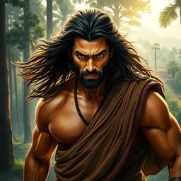 A vibrant and dynamic portrayal of a heroic figure inspired by Indian cinema, featuring a rugged, muscular man with long, flowing hair, wearing a traditional draped garment in rich earth tones