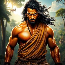 A vibrant and dynamic portrayal of a heroic figure inspired by Indian cinema, featuring a rugged, muscular man with long, flowing hair, wearing a traditional draped garment in rich earth tones