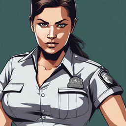 A digital art of a female prison guard in her uniform, with her shirt slightly unbuttoned, adding a sultry flair