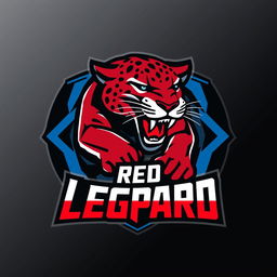 A dynamic and bold football logo design featuring a fierce leopard, incorporating elements of black, red, and blue colors